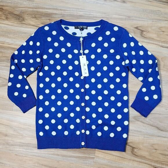 🔥NWT Blue w/White Polka Dot Buttoned 3/4 Sleeve Cardigan Sweater Large - Picture 2 of 13